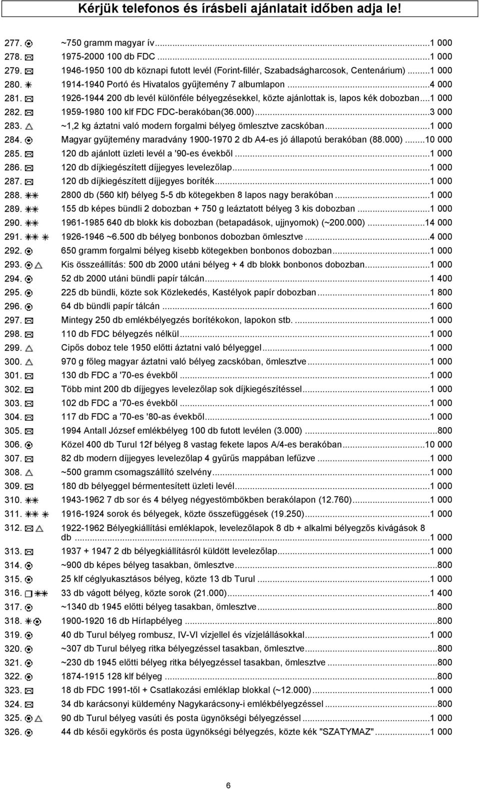 1926-1944 200 db levél különféle bélyegzésekkel, közte ajánlottak is, lapos kék dobozban...1 000 282. 1959-1980 100 klf FDC FDC-berakóban(36.000)...3 000 283.