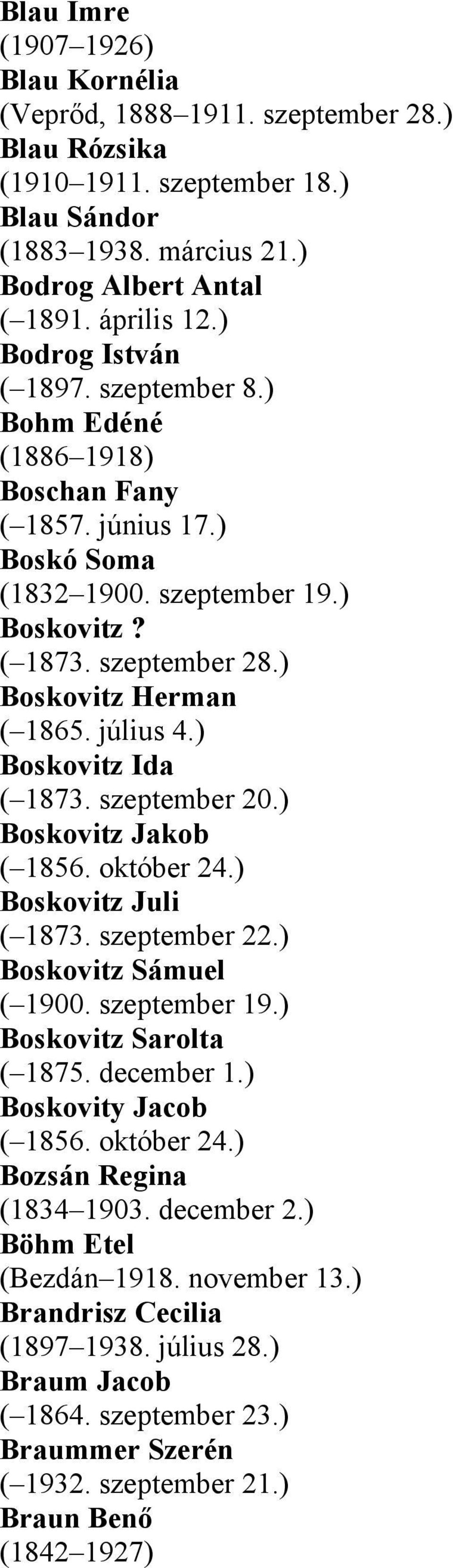 július 4.) Boskovitz Ida ( 1873. szeptember 20.) Boskovitz Jakob ( 1856. október 24.) Boskovitz Juli ( 1873. szeptember 22.) Boskovitz Sámuel ( 1900. szeptember 19.) Boskovitz Sarolta ( 1875.