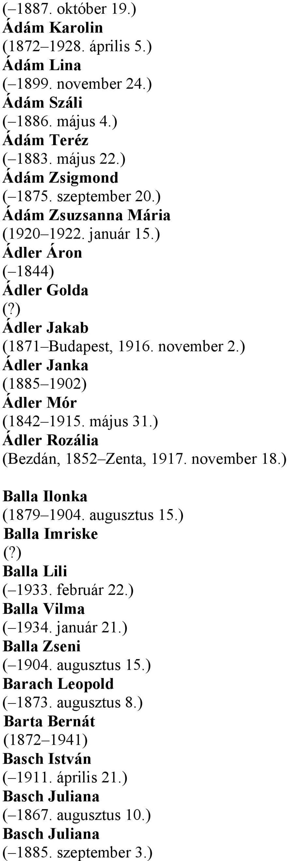 ) Ádler Rozália (Bezdán, 1852 Zenta, 1917. november 18.) Balla Ilonka (1879 1904. augusztus 15.) Balla Imriske (?) Balla Lili ( 1933. február 22.) Balla Vilma ( 1934. január 21.