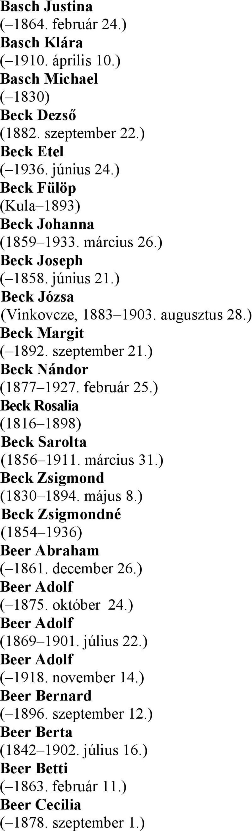 ) Beck Nándor (1877 1927. február 25.) Beck Rosalia (1816 1898) Beck Sarolta (1856 1911. március 31.) Beck Zsigmond (1830 1894. május 8.) Beck Zsigmondné (1854 1936) Beer Abraham ( 1861.