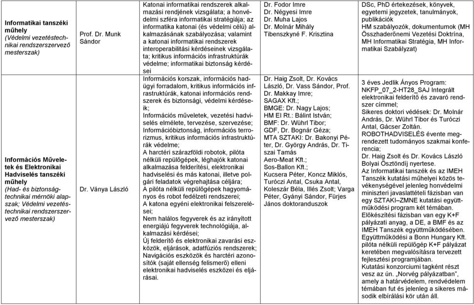 katonai informatikai rendszerek interoperabilitási kérdéseinek vizsgálata; kritikus információs infrastruktúrák védelme; informatikai biztonság kérdései Információs korszak, információs hadügyi