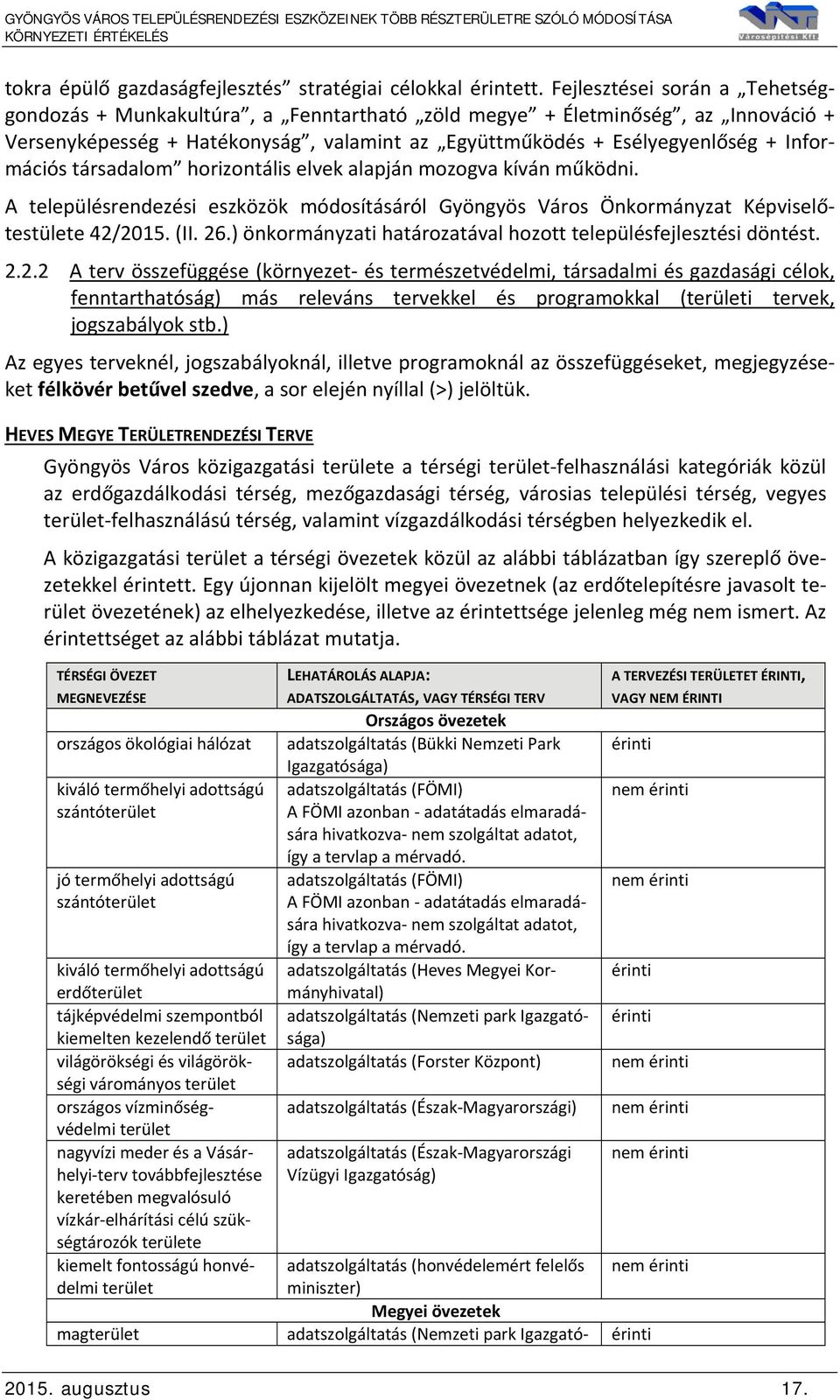 társadalom horizontális elvek alapján mozogva kíván működni. A településrendezési eszközök módosításáról Gyöngyös Város Önkormányzat Képviselőtestülete 42/2015. (II. 26.