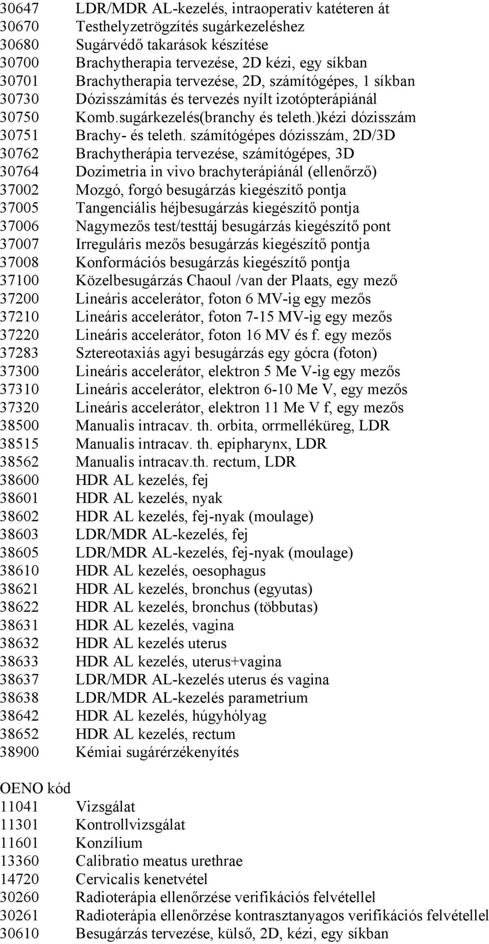 számítógépes dózisszám, 2D/3D 30762 Brachytherápia tervezése, számítógépes, 3D 30764 Dozimetria in vivo brachyterápiánál (ellenőrző) 37002 Mozgó, forgó besugárzás kiegészítő pontja 37005 Tangenciális