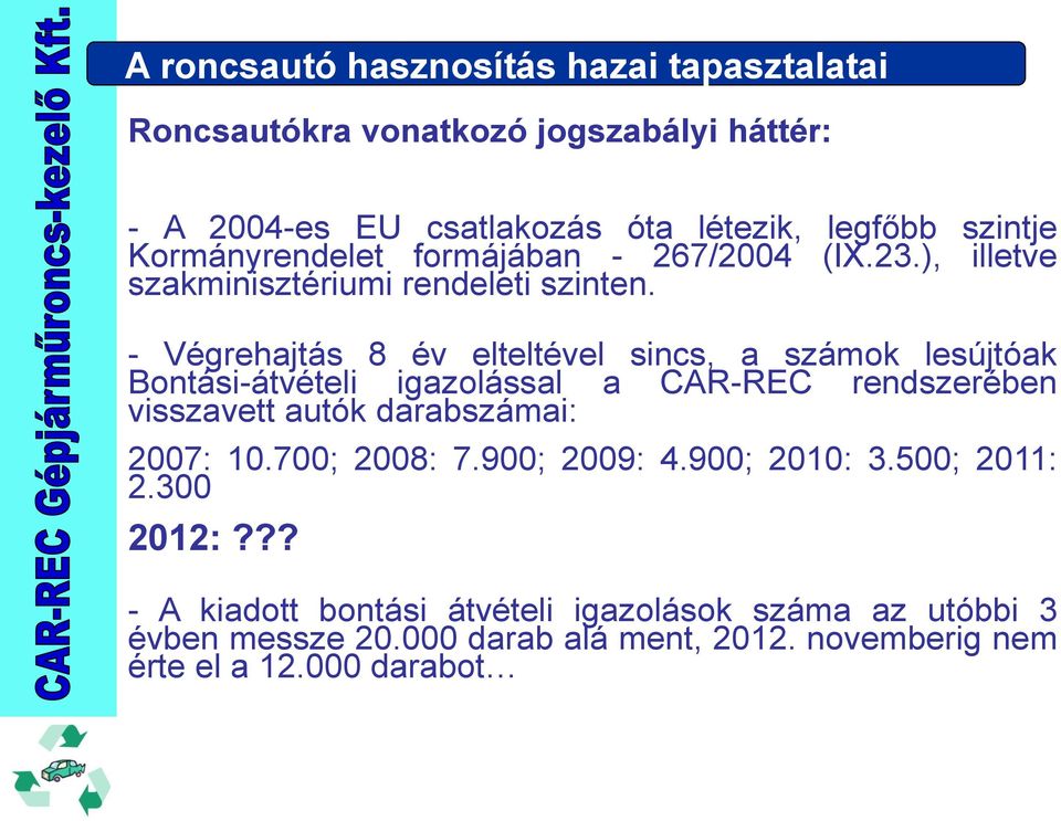 - Végrehajtás 8 év elteltével sincs, a számok lesújtóak Bontási-átvételi igazolással a CAR-REC rendszerében visszavett autók darabszámai: 2007: 10.
