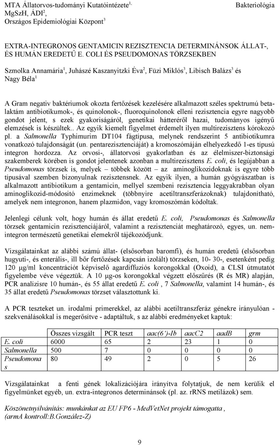 széles spektrumú betalaktám antibiotikumok-, és quinolonok-, fluoroquinolonok elleni rezisztencia egyre nagyobb gondot jelent, s ezek gyakoriságáról, genetikai hátteréről hazai, tudományos igényű