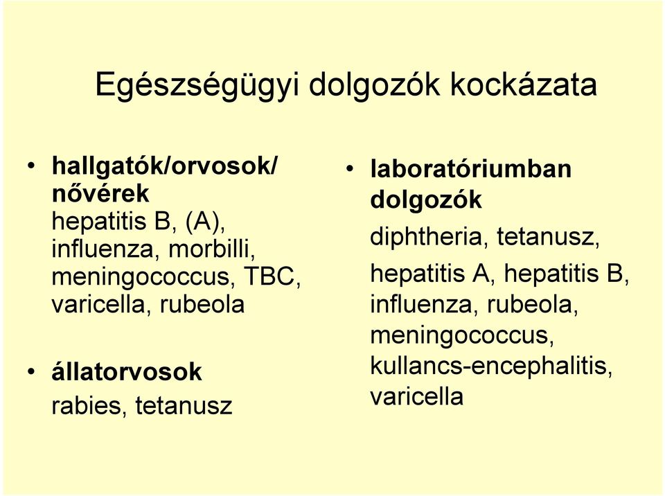 rabies, tetanusz laboratóriumban dolgozók diphtheria, tetanusz, hepatitis A,