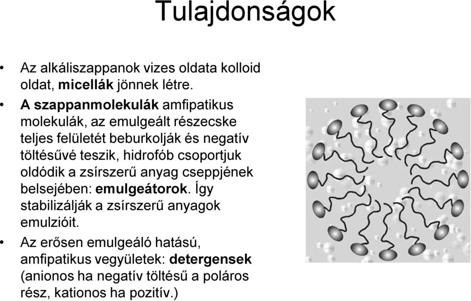 teszik, hidrofób csoportjuk oldódik a zsírszerű anyag cseppjének belsejében: emulgeátorok.