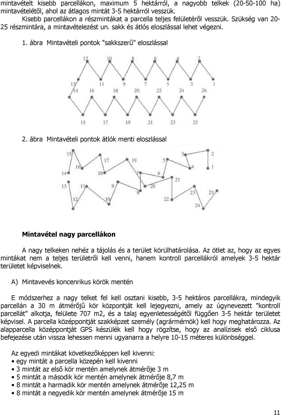 ábra Mintavételi pontok "sakkszerő" eloszlással 2. ábra Mintavételi pontok átlók menti eloszlással Mintavétel nagy parcellákon A nagy telkeken nehéz a tájolás és a terület körülhatárolása.