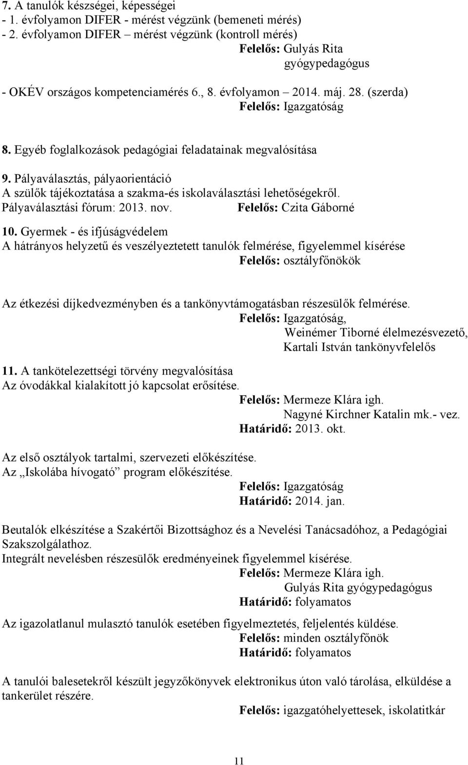 Egyéb foglalkozások pedagógiai feladatainak megvalósítása 9. Pályaválasztás, pályaorientáció A szülők tájékoztatása a szakma-és iskolaválasztási lehetőségekről. Pályaválasztási fórum: 2013. nov.