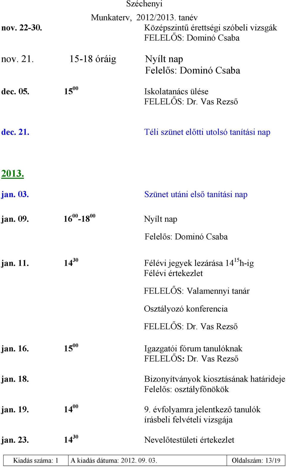 14 30 Félévi jegyek lezárása 14 15 h-ig Félévi értekezlet FELELŐS: Valamennyi tanár Osztályozó konferencia jan. 16. 15 00 Igazgatói fórum tanulóknak jan. 18.