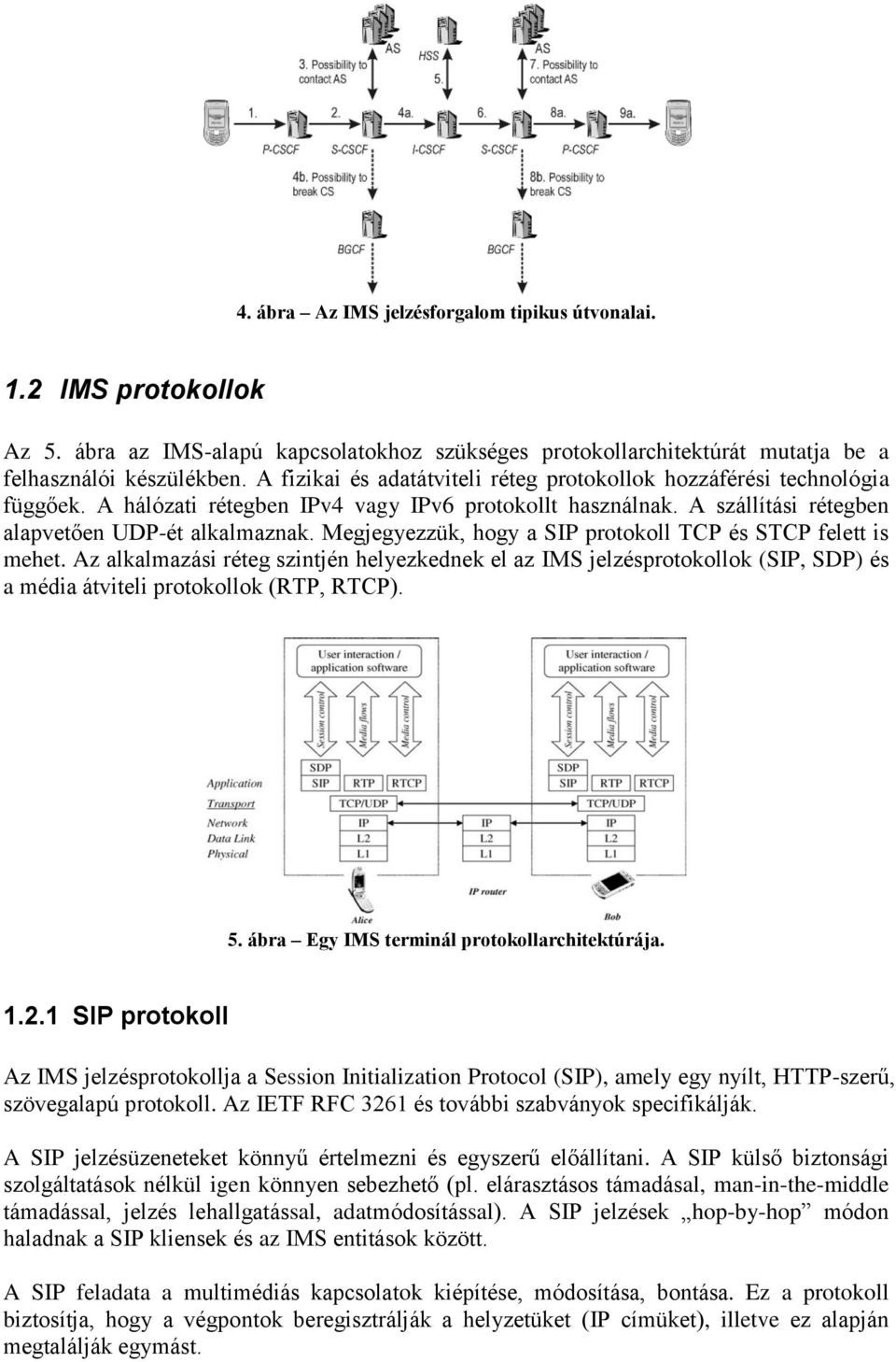 Megjegyezzük, hogy a SIP protokoll TCP és STCP felett is mehet. Az alkalmazási réteg szintjén helyezkednek el az IMS jelzésprotokollok (SIP, SDP) és a média átviteli protokollok (RTP, RTCP). 5.