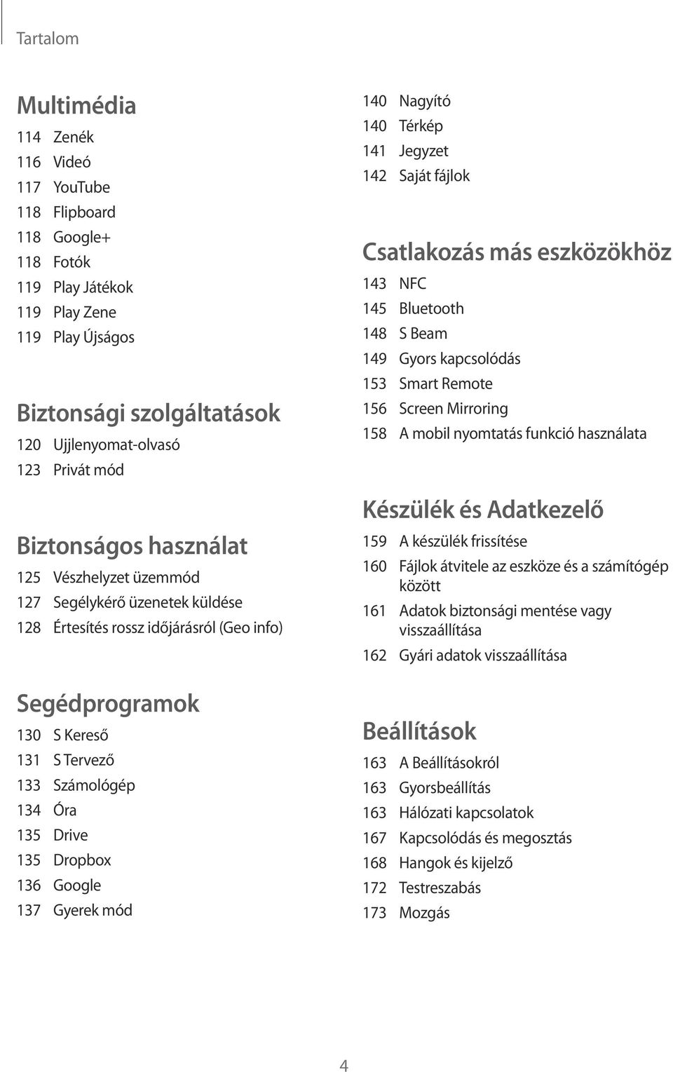 Dropbox 136 Google 137 Gyerek mód 140 Nagyító 140 Térkép 141 Jegyzet 142 Saját fájlok Csatlakozás más eszközökhöz 143 NFC 145 Bluetooth 148 S Beam 149 Gyors kapcsolódás 153 Smart Remote 156 Screen