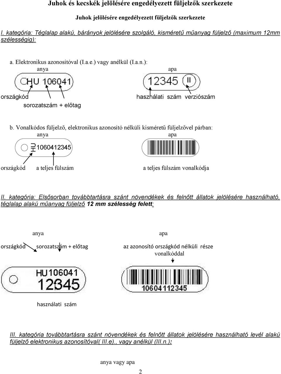 Vonalkódos füljelző, elektronikus azonosító nélküli kisméretű füljelzővel párban: 1060412345 országkód a teljes fülszám a teljes fülszám vonalkódja II.