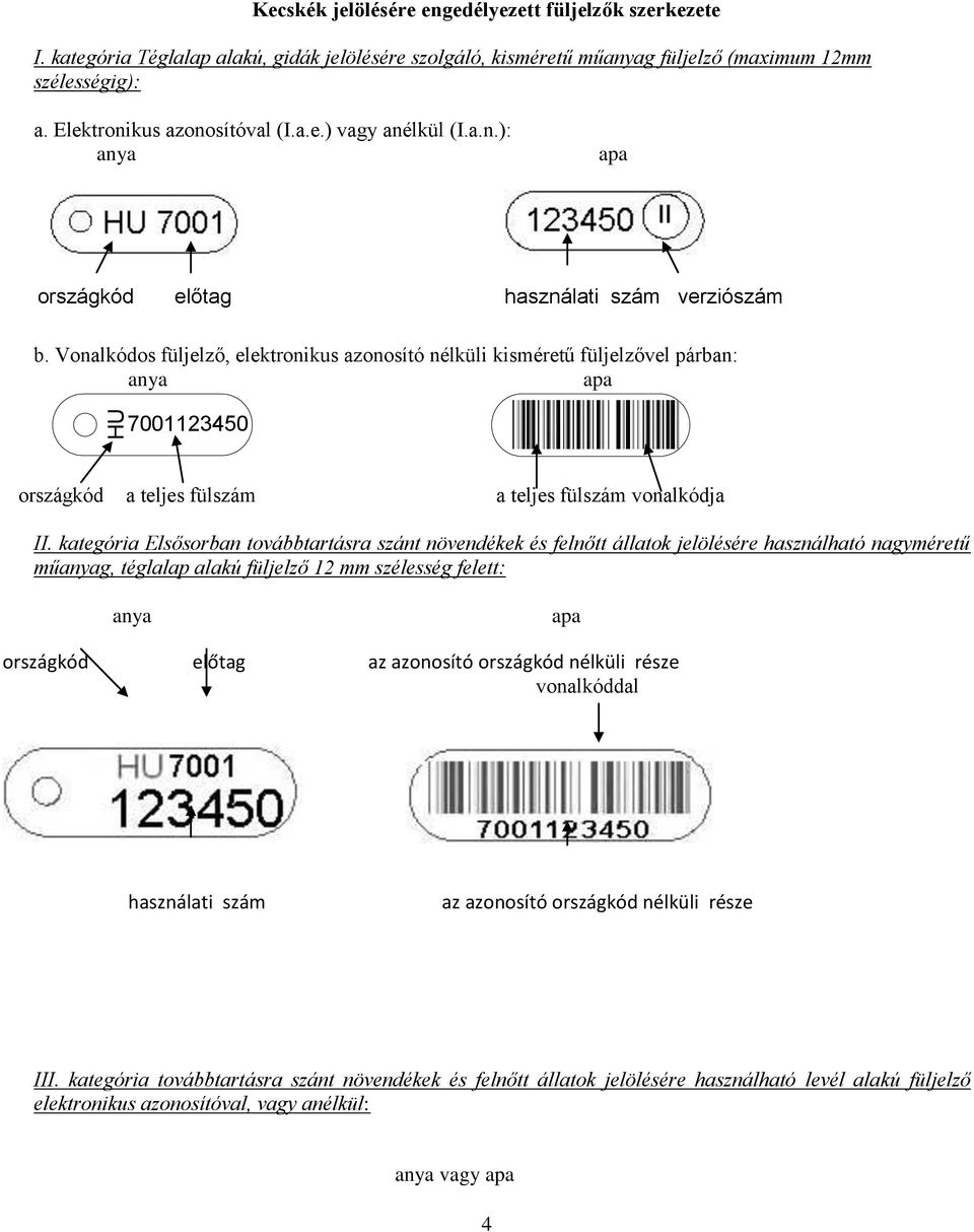 Vonalkódos füljelző, elektronikus azonosító nélküli kisméretű füljelzővel párban: 7001123450 országkód a teljes fülszám a teljes fülszám vonalkódja II.