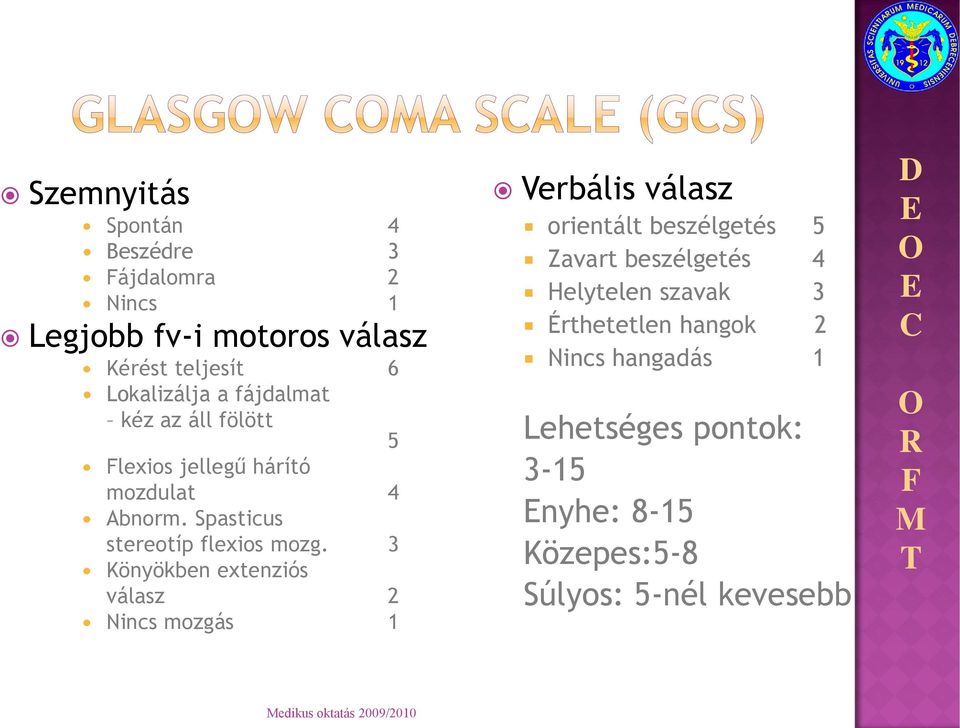 3 Könyökben extenziós válasz 2 Nincs mozgás 1 Verbális válasz orientált beszélgetés 5 Zavart beszélgetés 4