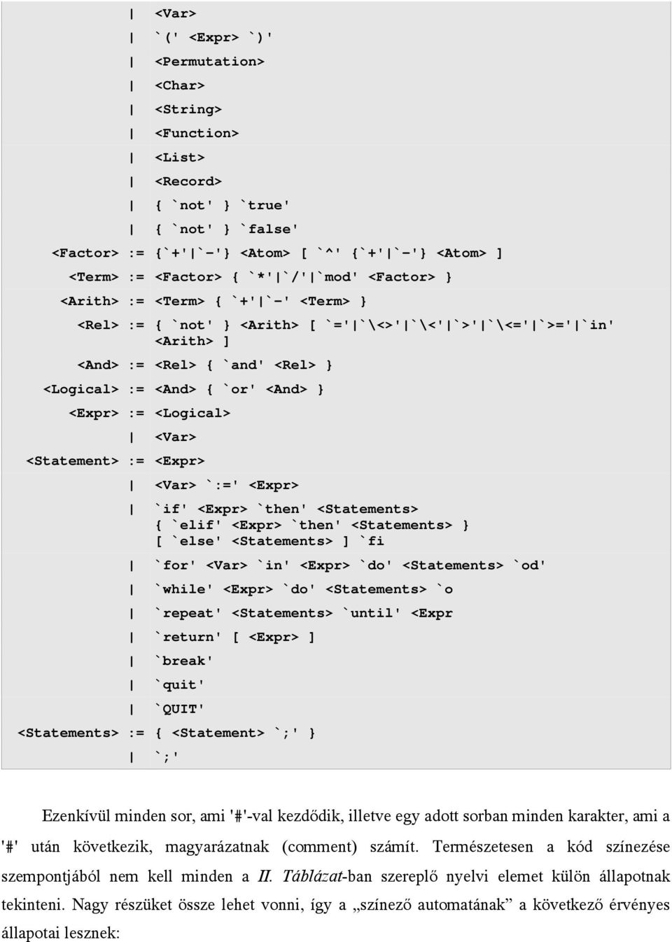 := <Logical> <Var> <Statement> := <Expr> <Var> `:=' <Expr> `if' <Expr> `then' <Statements> { `elif' <Expr> `then' <Statements> } [ `else' <Statements> ] `fi `for' <Var> `in' <Expr> `do' <Statements>