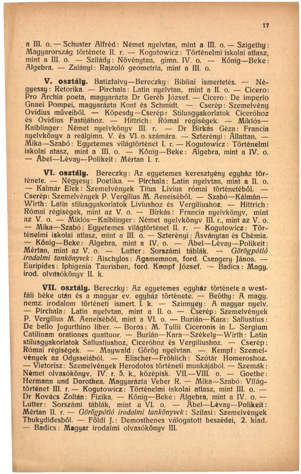 Cicero: De imperio Gnaei Pompei, magyarázta Kont és Schmidt. Cserép: Szemelvény Ovidius műveiből. Köpesdy Cserép: Stílusgyakorlatok Ciceróhoz és Ovidius Fastijához. Hittrich: Római régiségek.