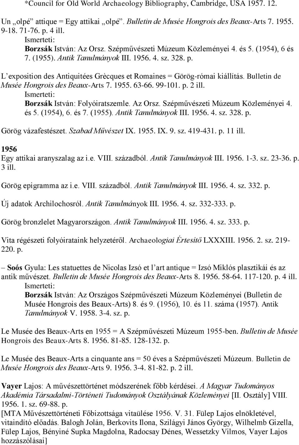 L exposition des Antiquitées Grècques et Romaines = Görög-római kiállítás. Bulletin de Musée Hongrois des Beaux-Arts 7. 1955. 63-66. 99-101. p. 2 ill. Borzsák István: Folyóiratszemle. Az Orsz.