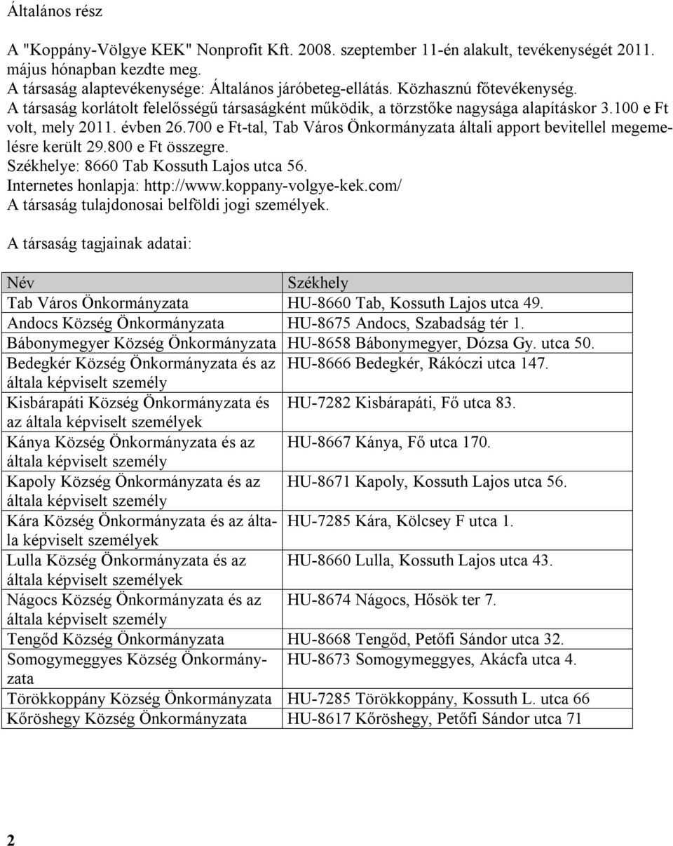 700 e Ft-tal, Tab Város Önkormányzata általi apport bevitellel megemelésre került 29.800 e Ft összegre. Székhelye: 8660 Tab Kossuth Lajos utca 56. Internetes honlapja: http://www.koppany-volgye-kek.