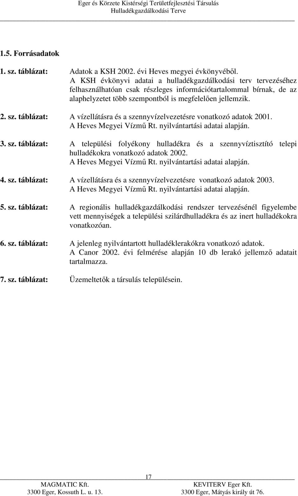 mpontból is megfelelően jellemzik. 2. sz. táblázat: A vízellátásra és a szennyvízelvezetésre vonatkozó adatok 2001. A Heves Megyei Vízmű Rt. nyilvántartási adatai alapján. 3. sz. táblázat: A települési folyékony hulladékra és a szennyvíztisztító telepi hulladékokra vonatkozó adatok 2002.