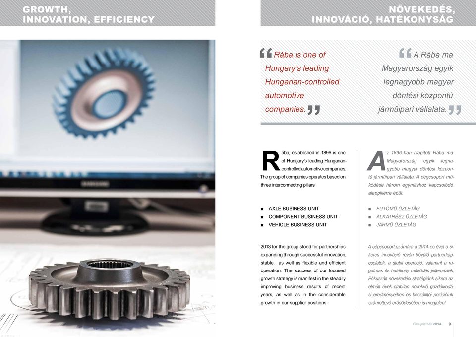 The group of companies operates based on three interconnecting pillars: A z 1896-ban alapított Rába ma Magyarország egyik legnagyobb magyar döntési központú járműipari vállalata.