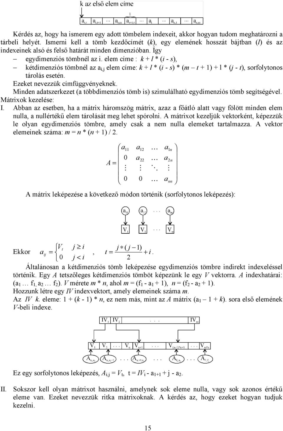 elem címe : k + l * (i - s), kétdimenziós tömbnél az a i,j elem címe: k + l * (i - s) * (m t + 1) + l * (j - t), sorfolytonos tárolás esetén. Ezeket nevezzük címfüggvényeknek.