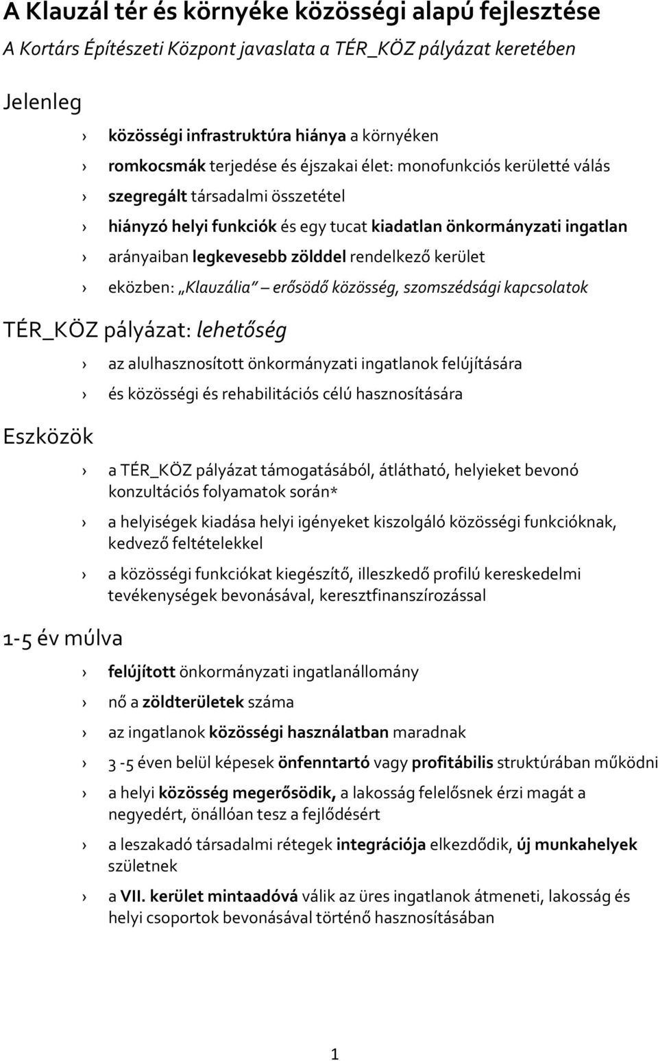 eközben: Klauzália erősödő közösség, szomszédsági kapcsolatok TÉR_KÖZ pályázat: lehetőség Eszközök 1-5 év múlva az alulhasznosított önkormányzati ingatlanok felújítására és közösségi és