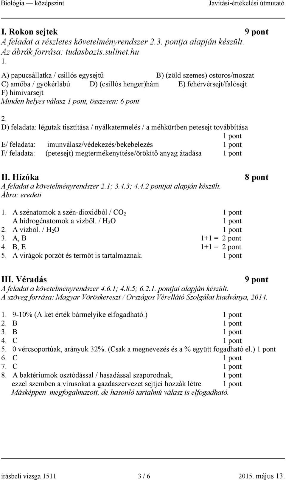 D) feladata: légutak tisztítása / nyálkatermelés / a méhkürtben petesejt továbbítása E/ feladata: imunválasz/védekezés/bekebelezés F/ feladata: (petesejt) megtermékenyítése /örökítő anyag átadása II.