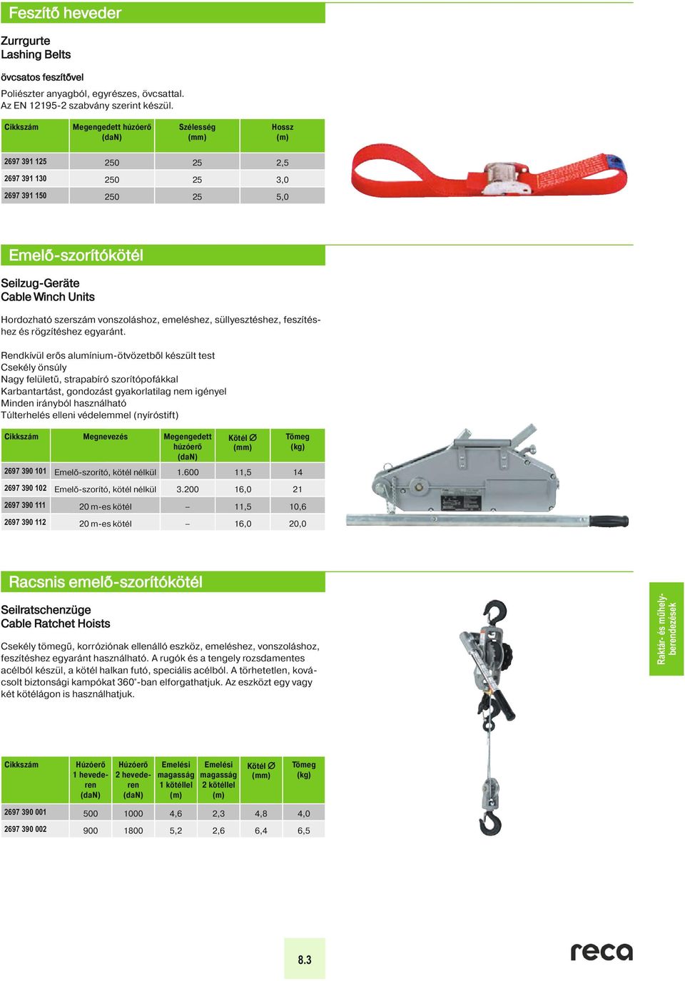Megengedett húzóerő (dan) Hossz (m) 2697 391 125 250 25 2,5 2697 391 130 250 25 3,0 2697 391 150 250 25 5,0 8 Emelő-szorítókötél Seilzug-Geräte Cable Winch Units Cable Winch Units Hordozható szerszám