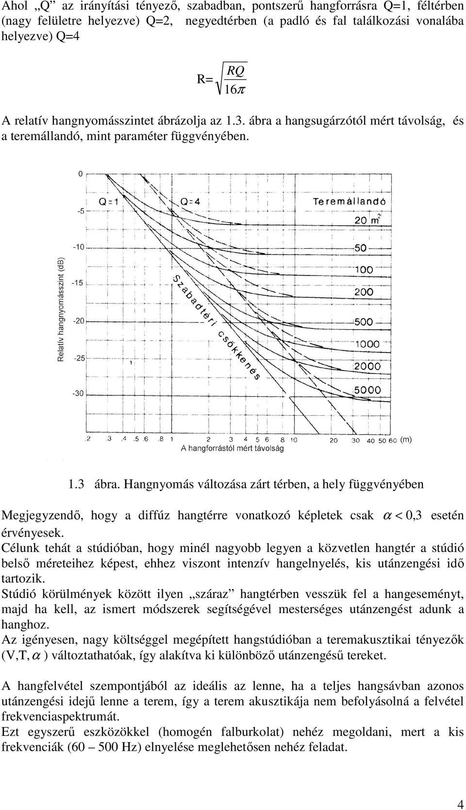 Hangnyomás változása zárt térben, a hely függvényében Megjegyzendő, hogy a diffúz hangtérre vonatkozó képletek csak α < 0, 3 esetén érvényesek.