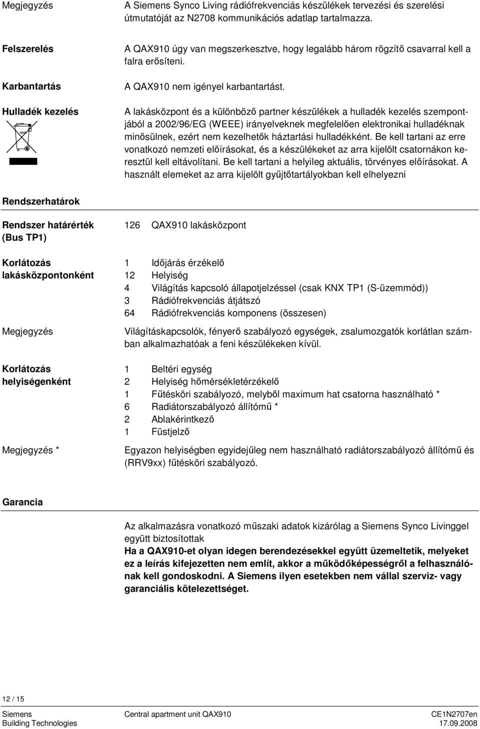 A lakásközpont és a különböző partner készülékek a hulladék kezelés szempontjából a 2002/96/EG (WEEE) irányelveknek megfelelően elektronikai hulladéknak minősülnek, ezért nem kezelhetők háztartási