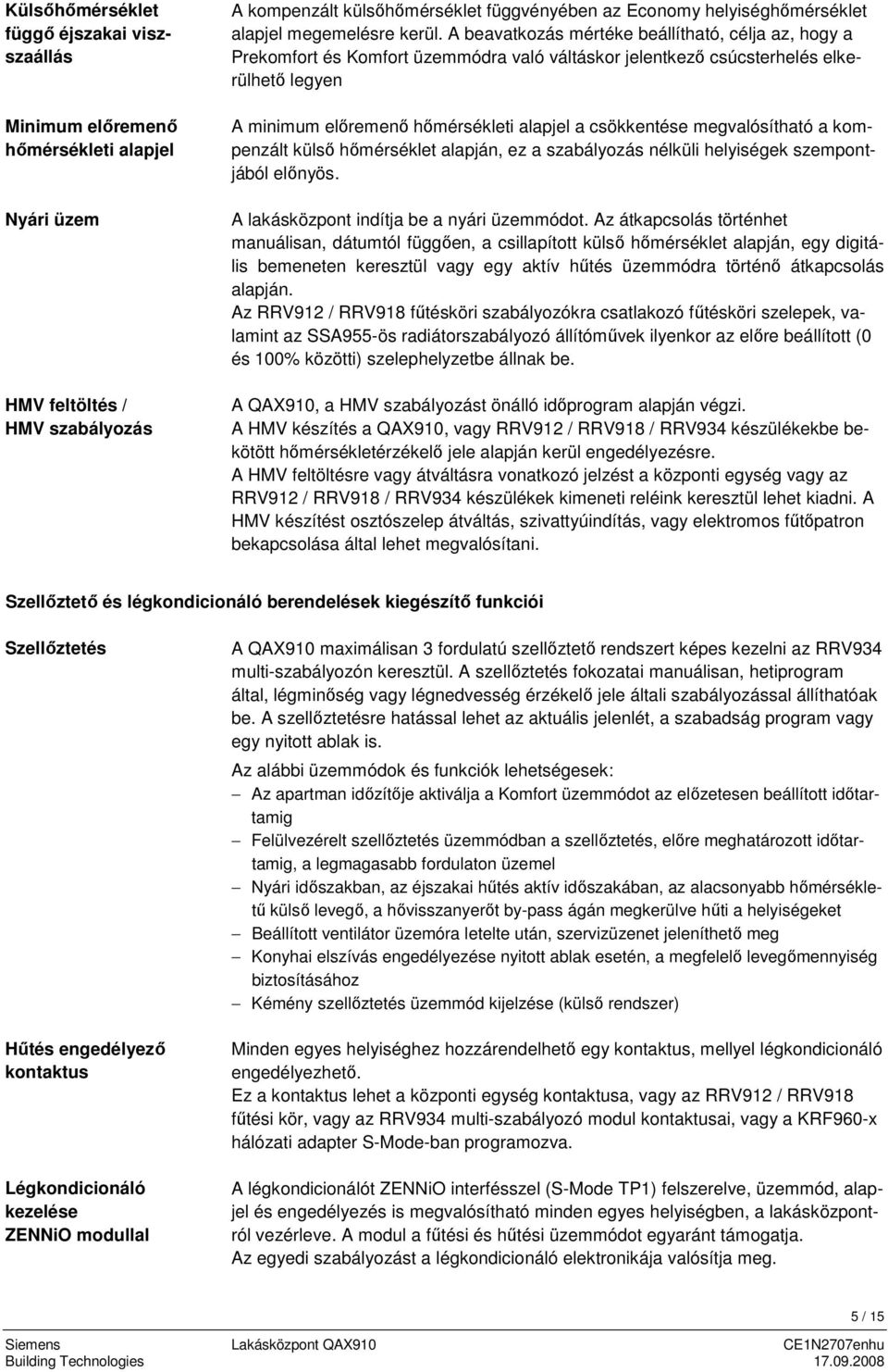 A beavatkozás mértéke beállítható, célja az, hogy a Prekomfort és Komfort üzemmódra való váltáskor jelentkező csúcsterhelés elkerülhető legyen A minimum előremenő hőmérsékleti alapjel a csökkentése