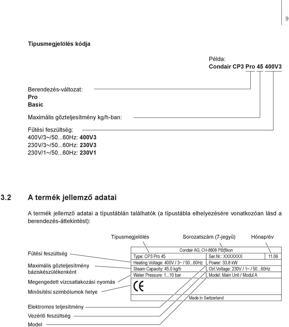 2 A termék jellemző adatai A termék jellemző adatai a típustáblán találhatók (a típustábla elhelyezésére vonatkozóan lásd a berendezés-áttekintést): Típusmegjelölés Sorozatszám (7-jegyű) Hónap/év