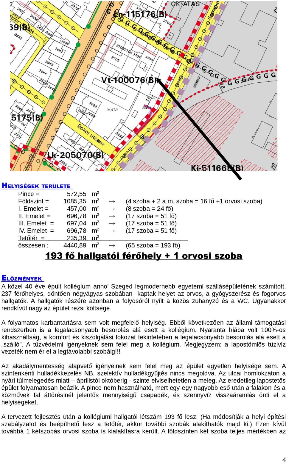 Emelet = 696,78 m 2 (17 szoba = 51 fő) Tetőtér = 235,39 m 2 összesen : 4440,89 m 2 (65 szoba = 193 fő) 193 fő hallgatói férőhely + 1 orvosi szoba ELŐZMÉNYEK A közel 40 éve épült kollégium anno Szeged