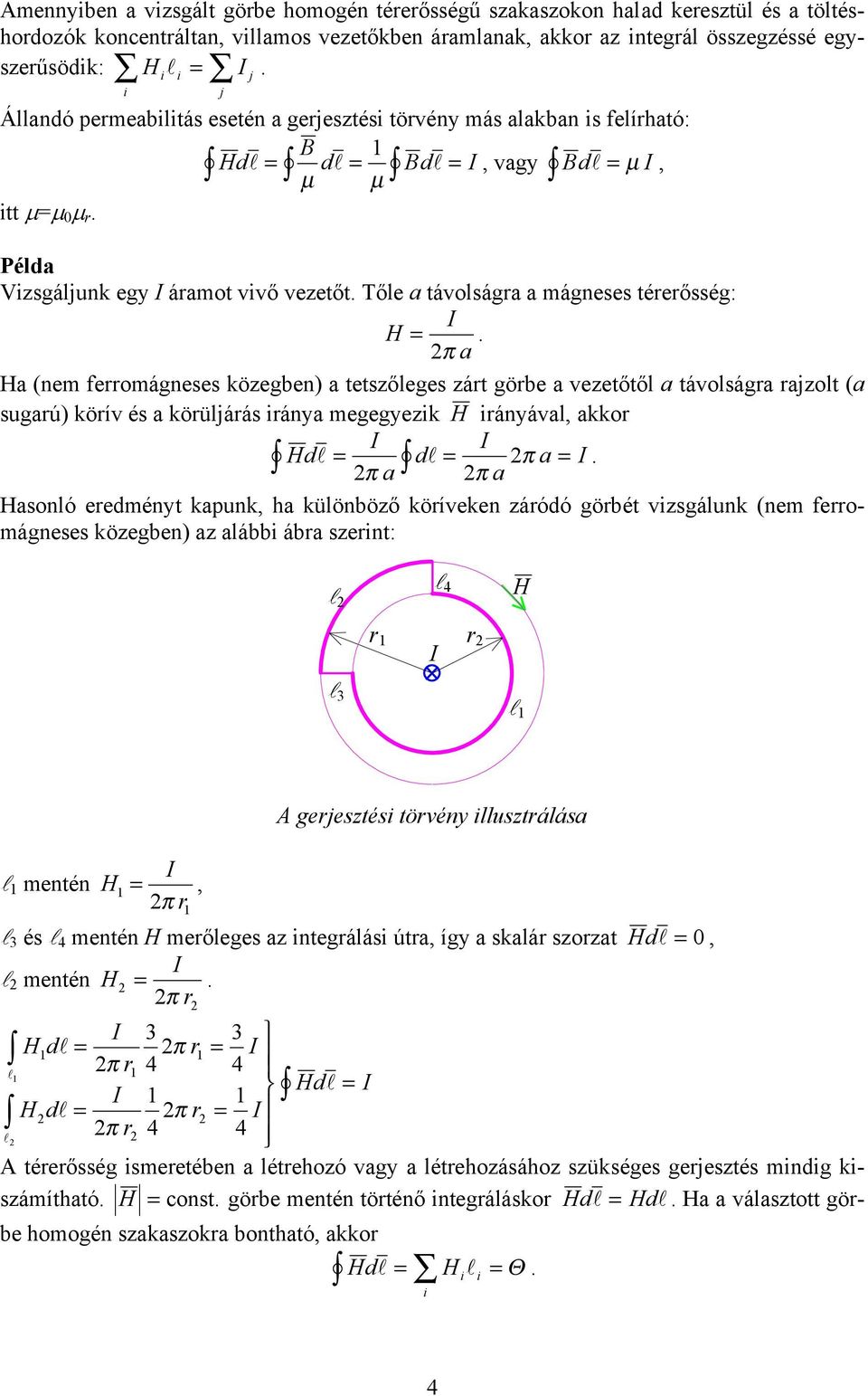 π a Ha (nem ferromágneses közegben) a eszőleges zár görbe a vezeőől a ávolságra rajzol (a sugarú) körív és a körüljárás ránya megegyezk H rányával, akkor Hd a d l = l = π a =.