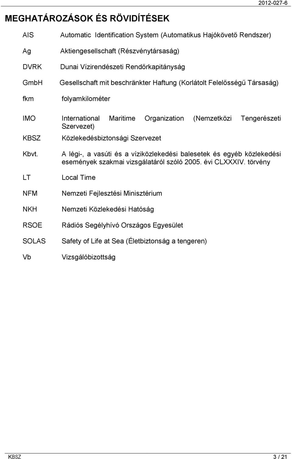 Közlekedésbiztonsági Szervezet Kbvt. LT NFM NKH RSOE SOLAS Vb A légi-, a vasúti és a víziközlekedési balesetek és egyéb közlekedési események szakmai vizsgálatáról szóló 2005.