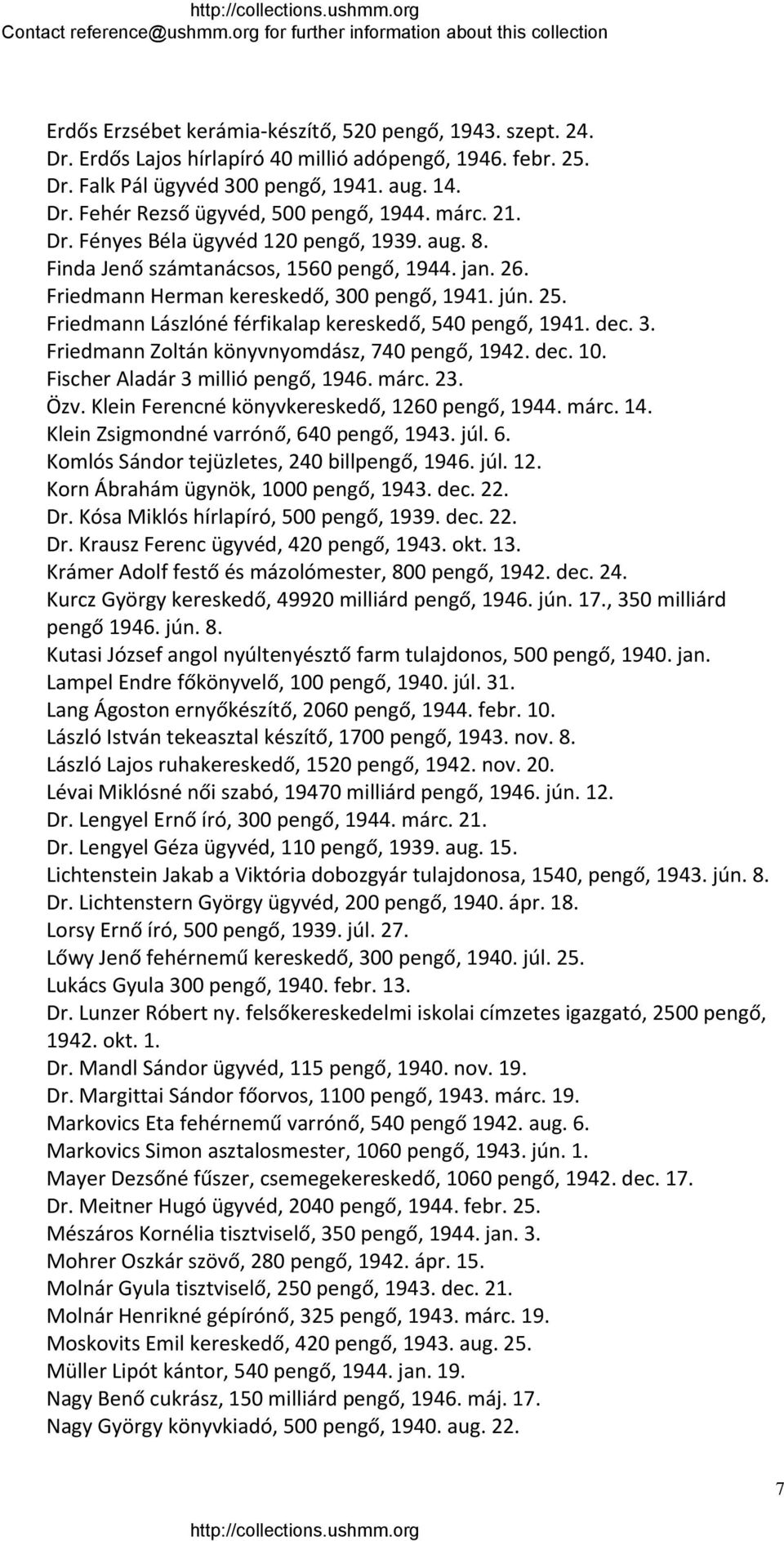 Friedmann Lászlóné férfikalap kereskedő, 540 pengő, 1941. dec. 3. Friedmann Zoltán könyvnyomdász, 740 pengő, 1942. dec. 10. Fischer Aladár 3 millió pengő, 1946. márc. 23. Özv.