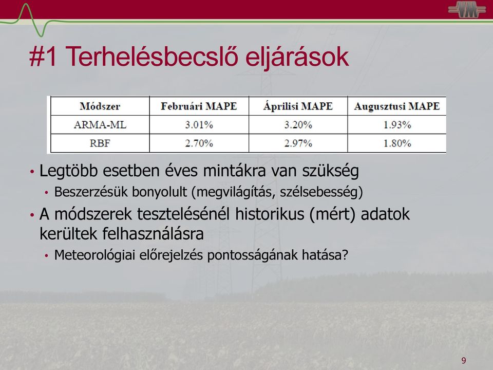 módszerek tesztelésénél historikus (mért) adatok kerültek