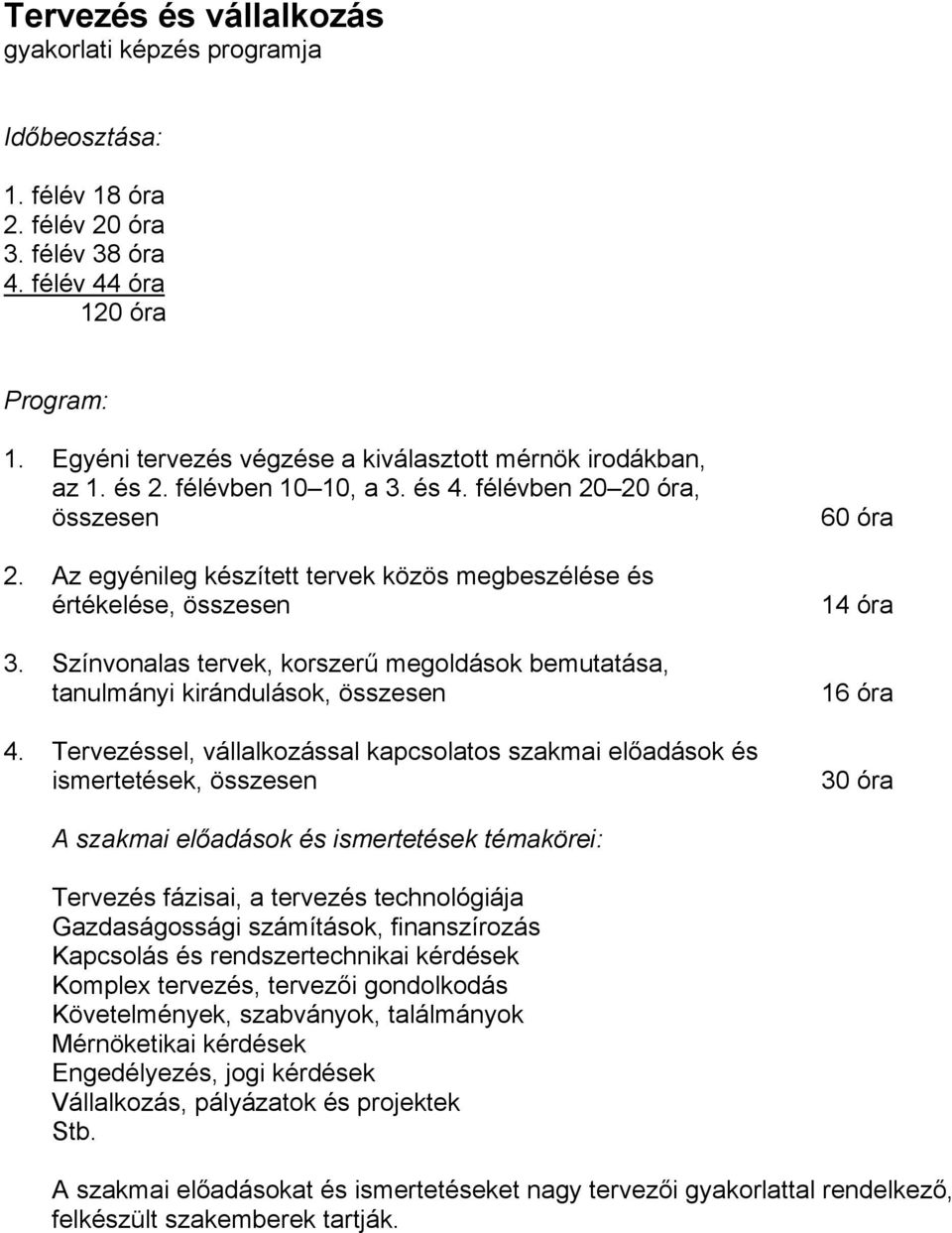 Az egyénileg készített tervek közös megbeszélése és értékelése, összesen 3. Színvonalas tervek, korszerű megoldások bemutatása, tanulmányi kirándulások, összesen 4.