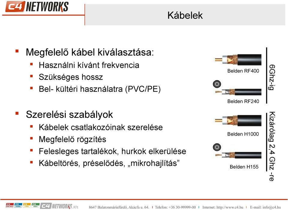 Megfelelő rögzítés Felesleges tartalékok, hurkok elkerülése Kábeltörés, préselődés,