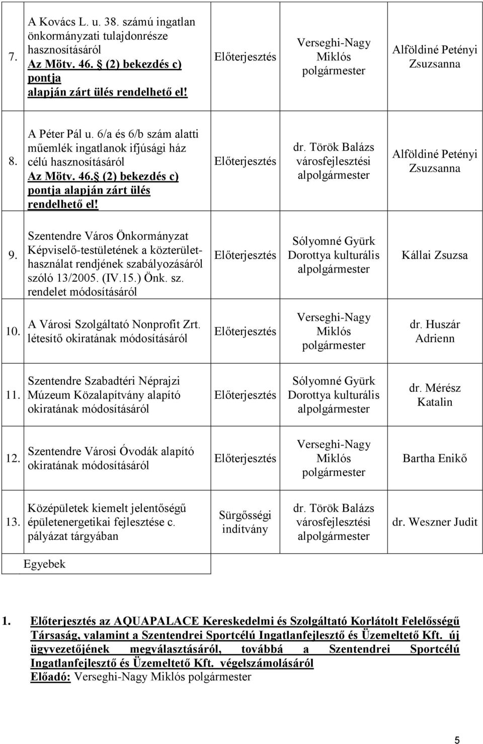 (2) bekezdés c) pontja alapján zárt ülés rendelhető el! Előterjesztés dr. Török Balázs városfejlesztési alpolgármester Alföldiné Petényi Zsuzsanna 9.