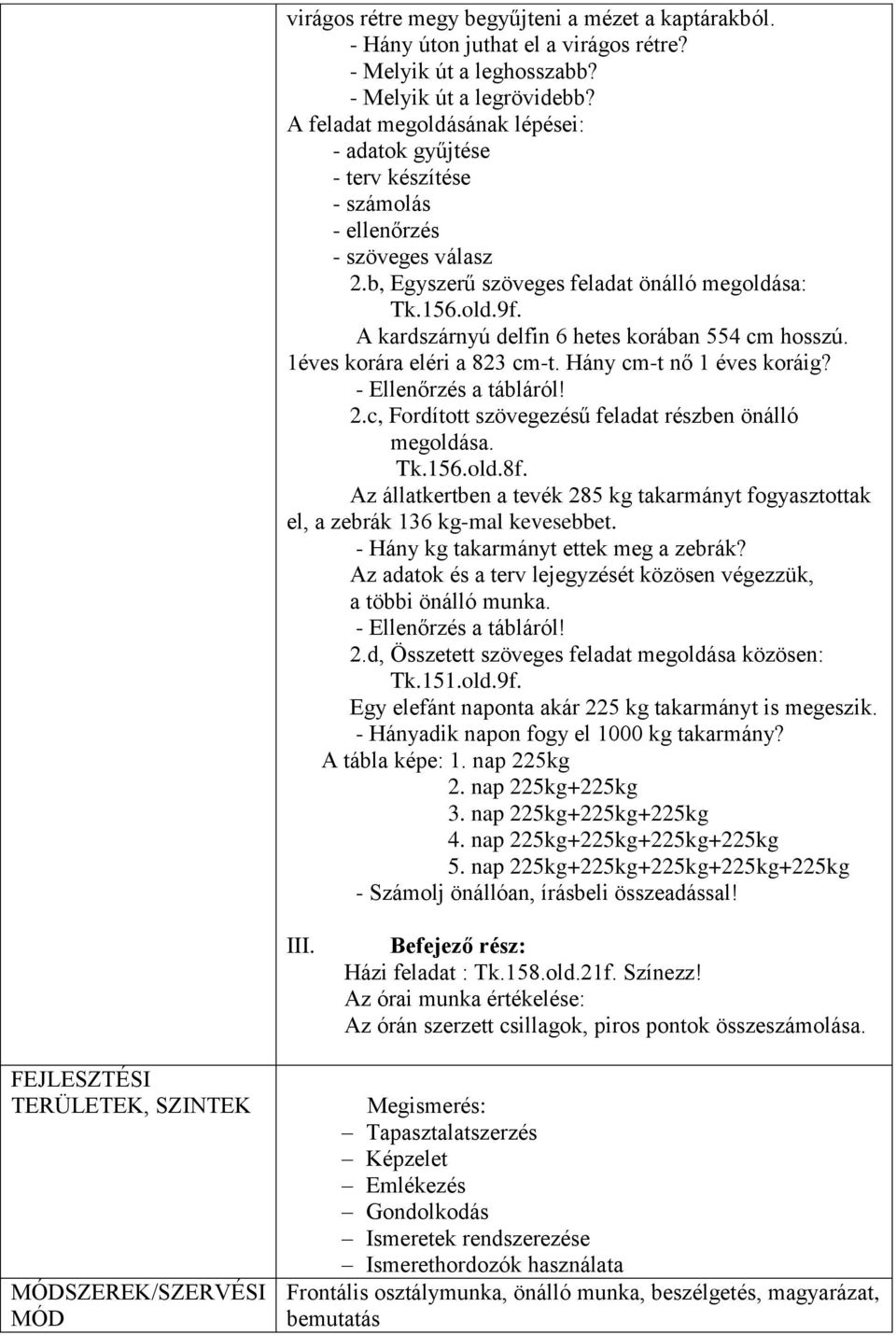 A kardszárnyú delfin 6 hetes korában 554 cm hosszú. 1éves korára eléri a 823 cm-t. Hány cm-t nő 1 éves koráig? - Ellenőrzés a tábláról! 2.c, Fordított szövegezésű feladat részben önálló megoldása. Tk.