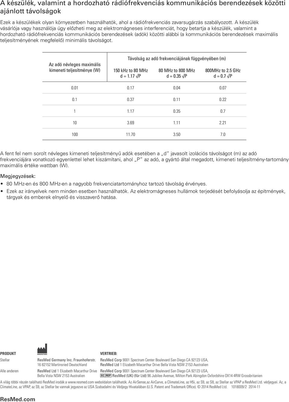 A készülék vásárlója vagy használója úgy előzheti meg az elektromágneses interferenciát, hogy betartja a készülék, valamint a hordozható rádiófrekvenciás kommunikációs berendezések (adók) közötti