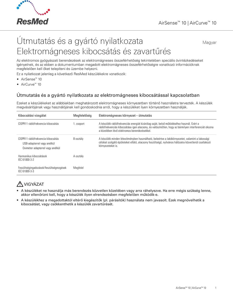 Ez a nyilatkozat jelenleg a következő ResMed készülékekre vonatkozik: AirSense 10 AirCurve 10 Útmutatás és a gyártó nyilatkozata az elektromágneses kibocsátással kapcsolatban Ezeket a készülékeket az