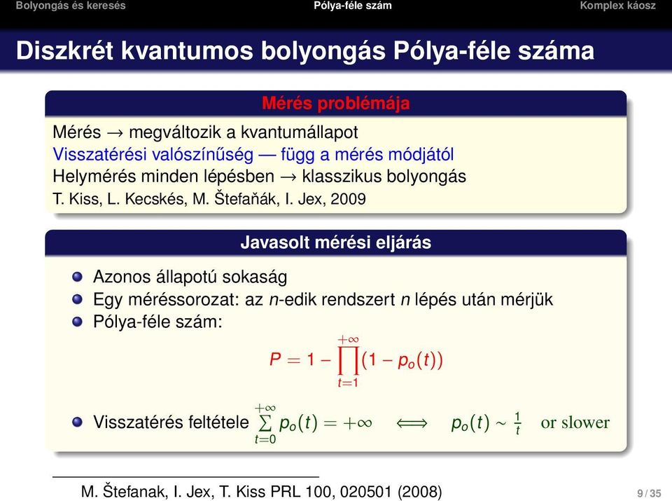 kvantumállapot Visszatérési valószínűség függ a mérés módjától Helymérés minden lépésben klasszikus bolyongás T. Kiss, L.