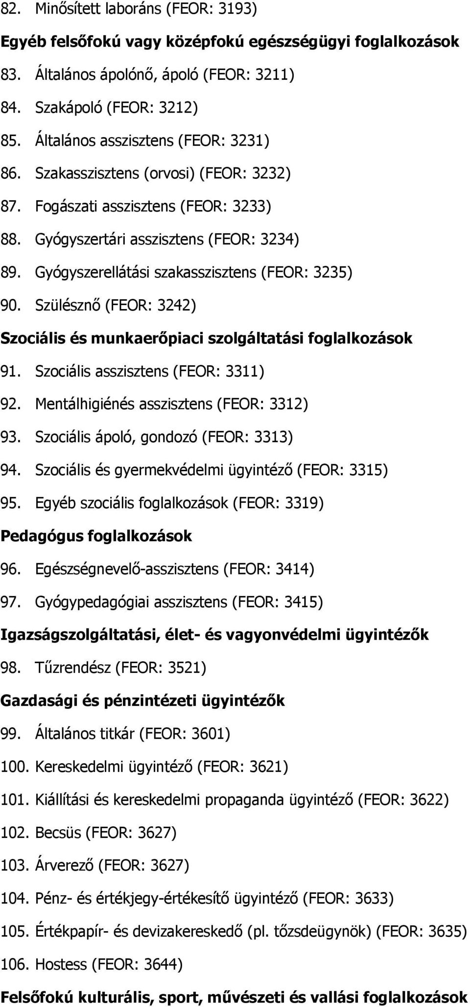 Gyógyszerellátási szakasszisztens (FEOR: 3235) 90. Szülésznő (FEOR: 3242) Szociális és munkaerőpiaci szolgáltatási foglalkozások 91. Szociális asszisztens (FEOR: 3311) 92.