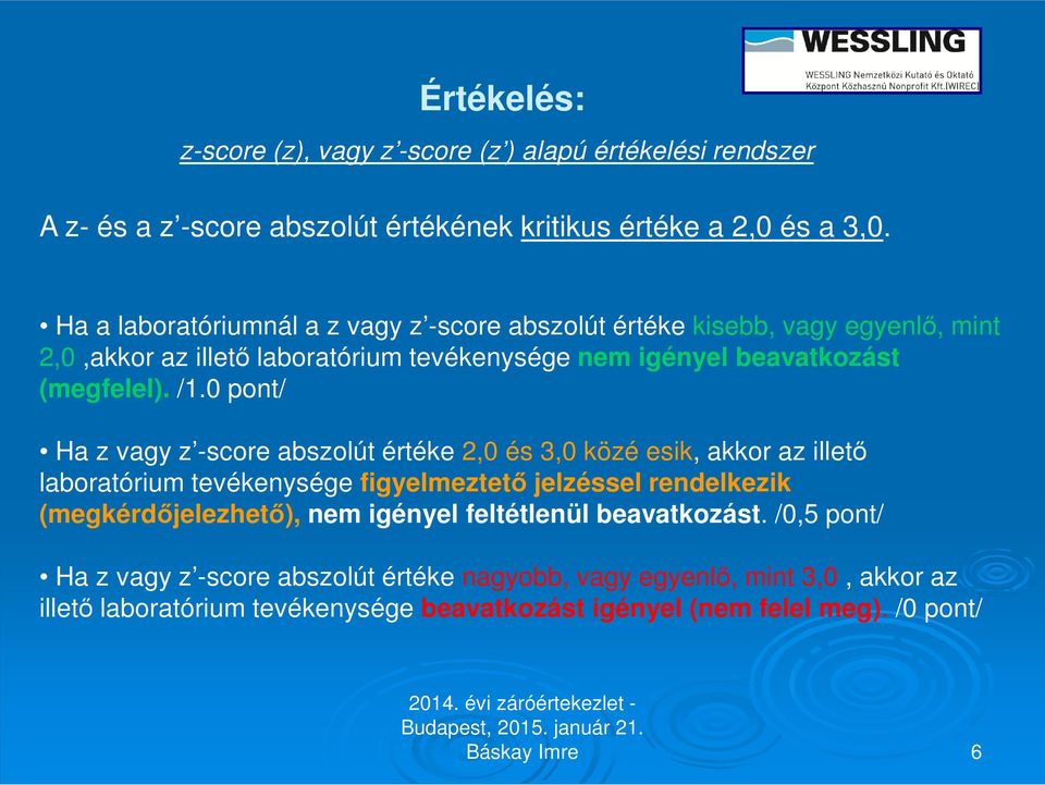 0 pont/ Ha z vagy z -score abszolút értéke 2,0 és 3,0 közé esik, akkor az illető laboratórium tevékenysége figyelmeztető jelzéssel rendelkezik (megkérdőjelezhető), nem