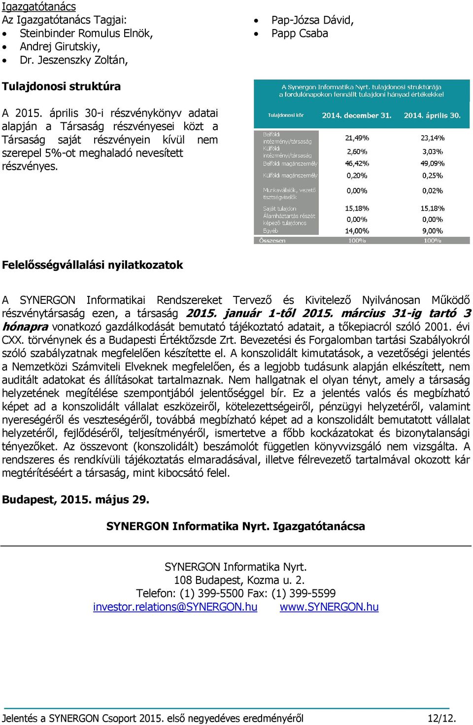 Pap-Józsa Dávid, Papp Csaba Felelősségvállalási nyilatkozatok A SYNERGON Informatikai Rendszereket Tervező és Kivitelező Nyilvánosan Működő részvénytársaság ezen, a társaság 2015. január 1-től 2015.