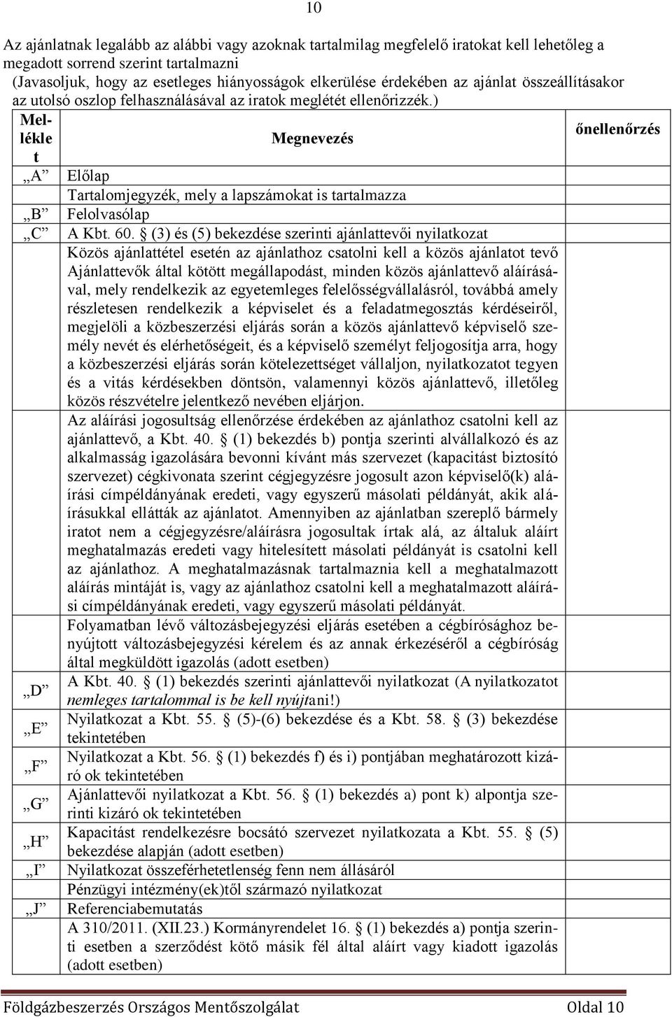 ) Mellékle Megnevezés őnellenőrzés t A Előlap Tartalomjegyzék, mely a lapszámokat is tartalmazza B C D E F G H I J Felolvasólap A Kbt. 60.