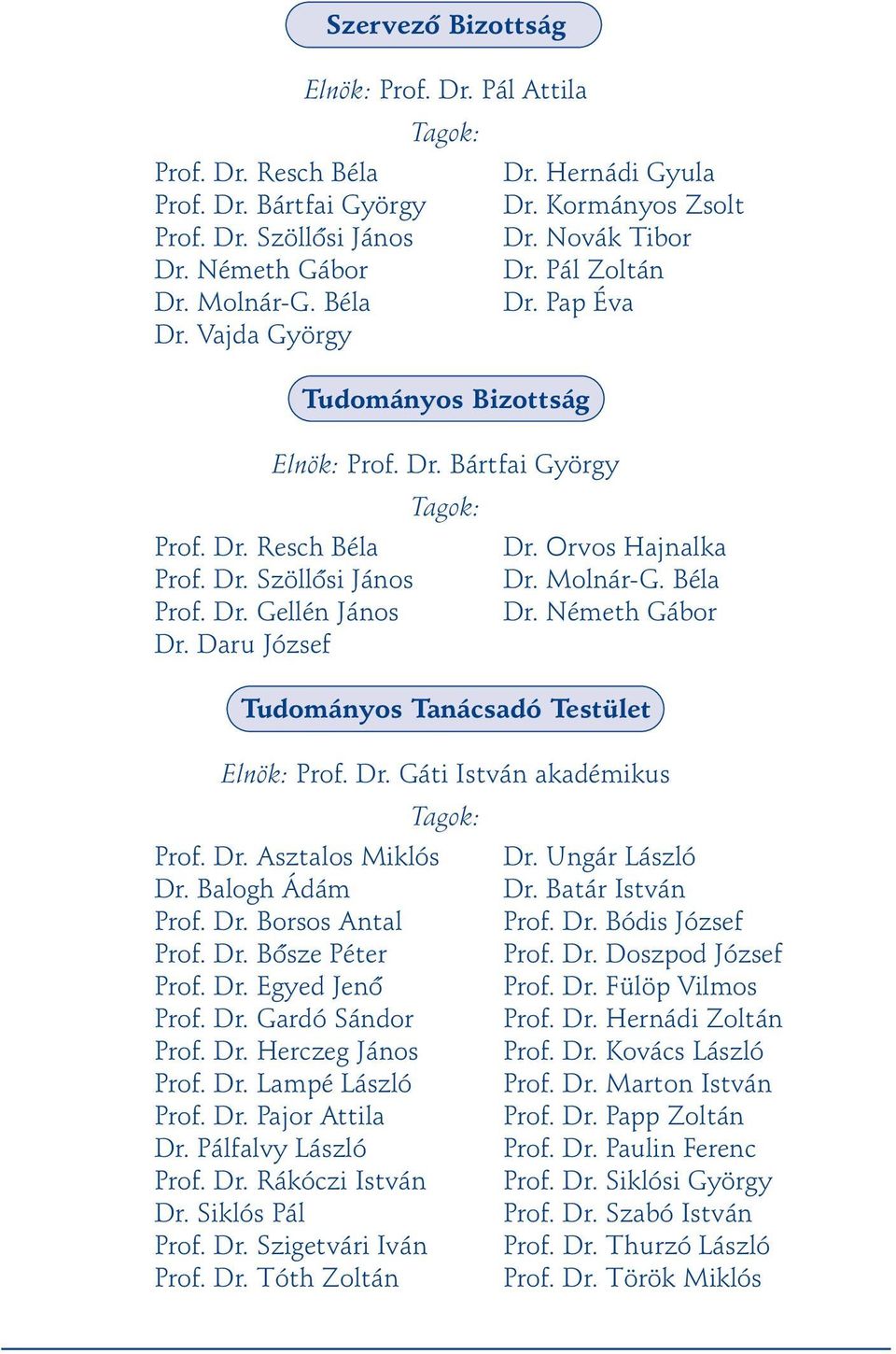 Dr. Gellén János Dr. Németh Gábor Dr. Daru József Tudományos Tanácsadó Testület Elnök: Prof. Dr. Gáti István akadémikus Tagok: Prof. Dr. Asztalos Miklós Dr. Ungár László Dr. Balogh Ádám Dr.